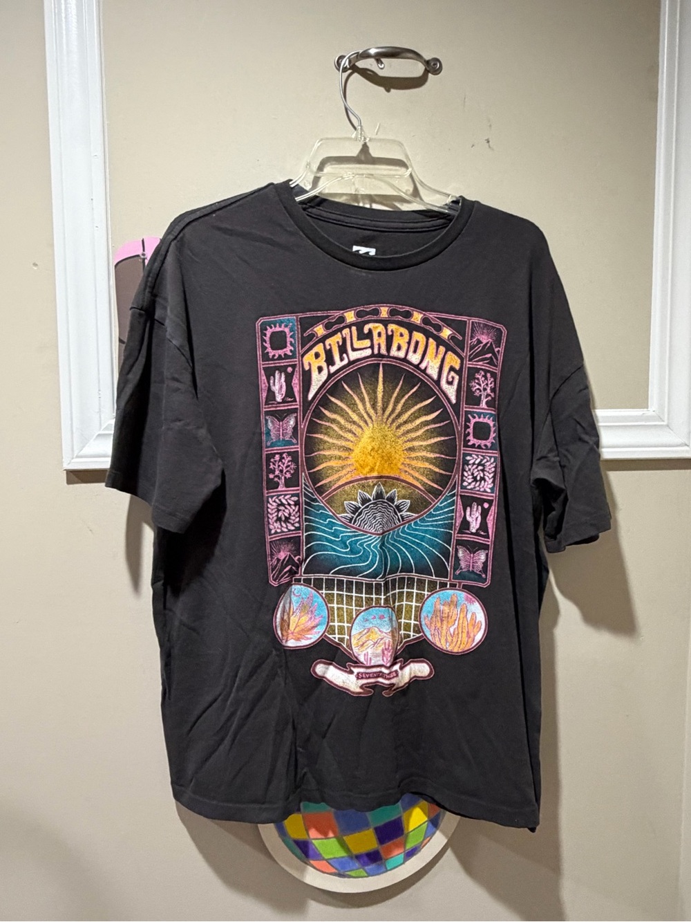 Billabong Black Tee with Sunset Wave and Multicolor Graphic